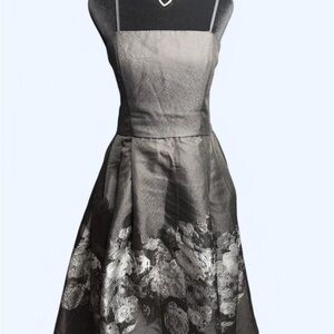 Betsy & Adam floral ballgown black silver satin midi dress size M formal